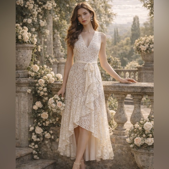 le chateau Dresses & Skirts - Le Château Cream Lace Midi Dress Sz 6 NWT Romantic High Low Bridal Cottagecore